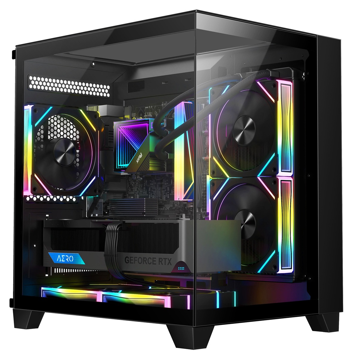 Carcasa 1stPLAYER® Gaming MV5-TP-bk, 5 ventilatoare aRGB infinity efect plus PWM, Micro-ATX, telecomanda, negru