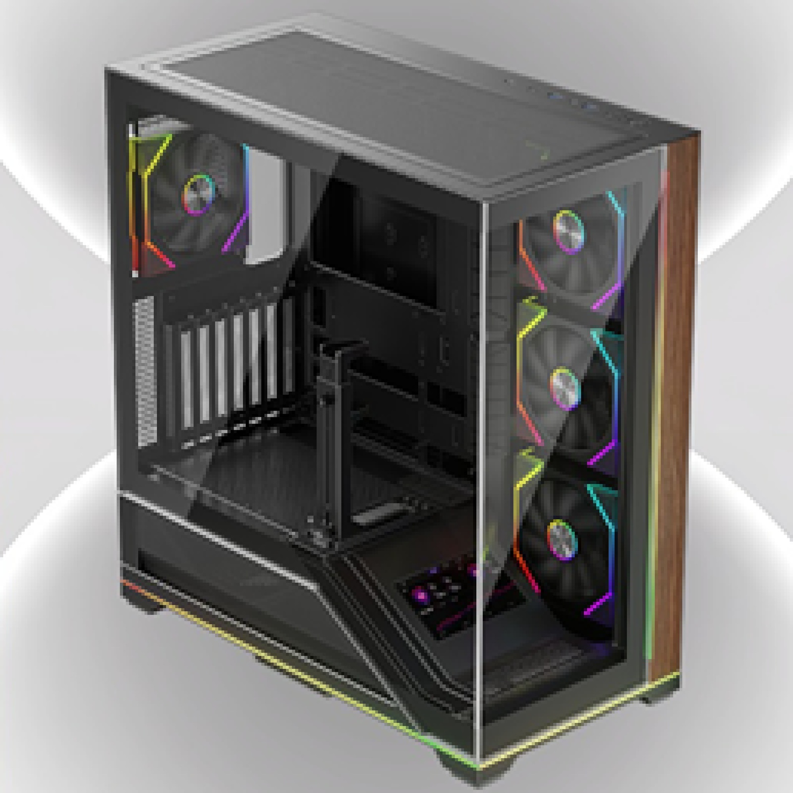 Carcasa 1stPLAYER® Gaming WP8-bk, ATX, display, suport VGA montaj vertical, 4 ventilatoare aRGB plus PWM, telecomanda, strip LED, negru