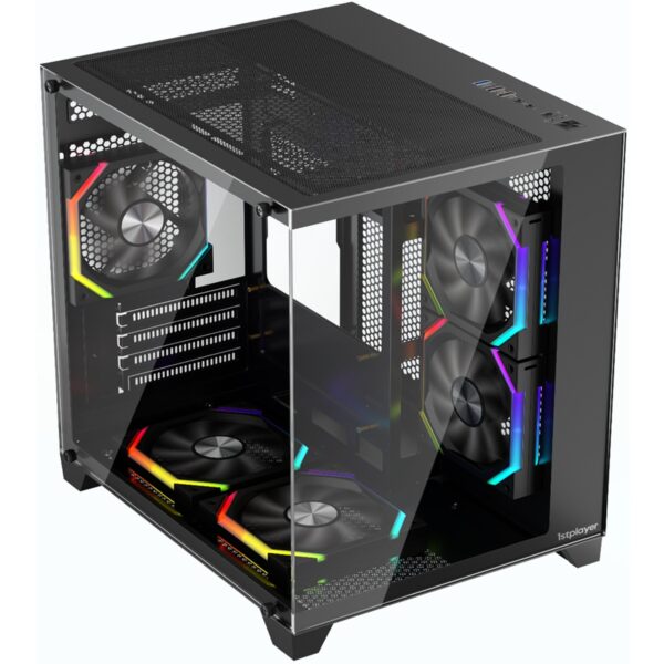 Carcasa 1stPLAYER® Gaming BV5-bk, 5 ventilatoare aRGB plus PWM, Micro-ATX, telecomanda, negru