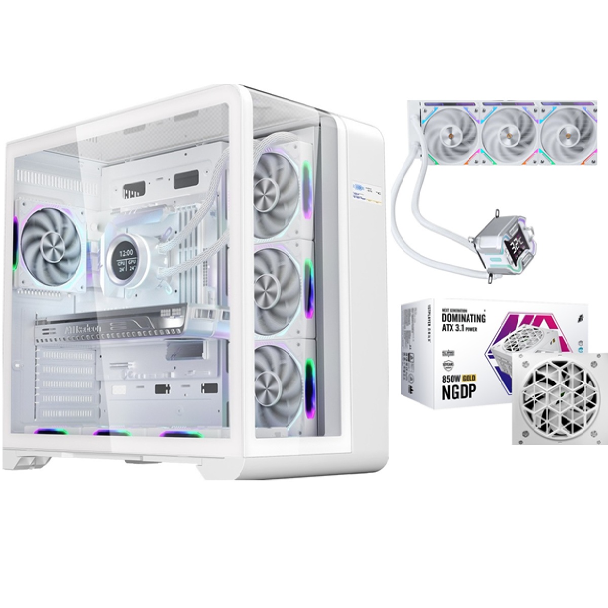Pachet promo: 1stPLAYER® Carcasa Gaming RT7-wh, afisaj digital, 4 ventilatoare aRGB infinity efect, telecomanda, ATX, Cooler Procesor X-Starship 360E-wh, display IPS de 2,4 inches, aRGB, Sursa PC 850W, 80 PLUS® Gold, Full Modular, ATX 3.1, PCIe 5.1, MES ID, NGDP HA-850BA4-Wh, alb