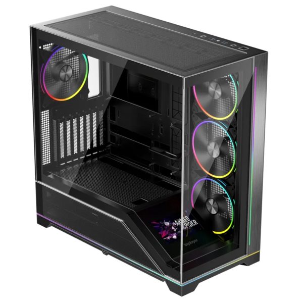 Carcasa 1stPLAYER Gaming WP9-bk, 4 ventilatoare aRGB plus PWM, display 5.5 inches, strip LED, ATX, telecomanda, negru