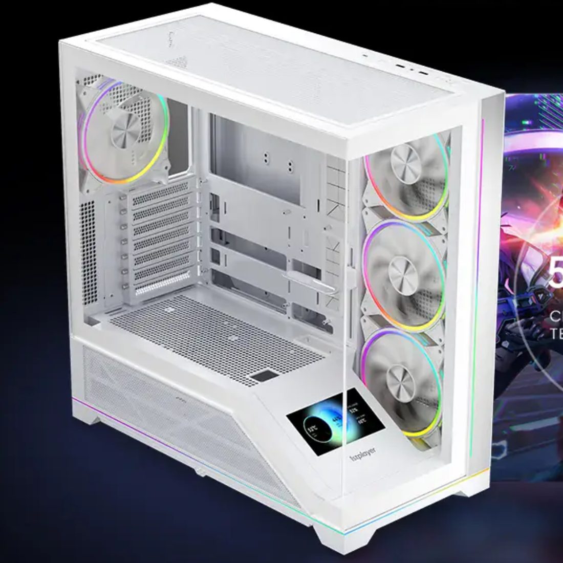 Carcasa 1stPLAYER Gaming WP9-wh, 4 ventilatoare aRGB plus PWM, display 5.5 inches, strip LED, ATX, telecomanda, alb - imagine 3